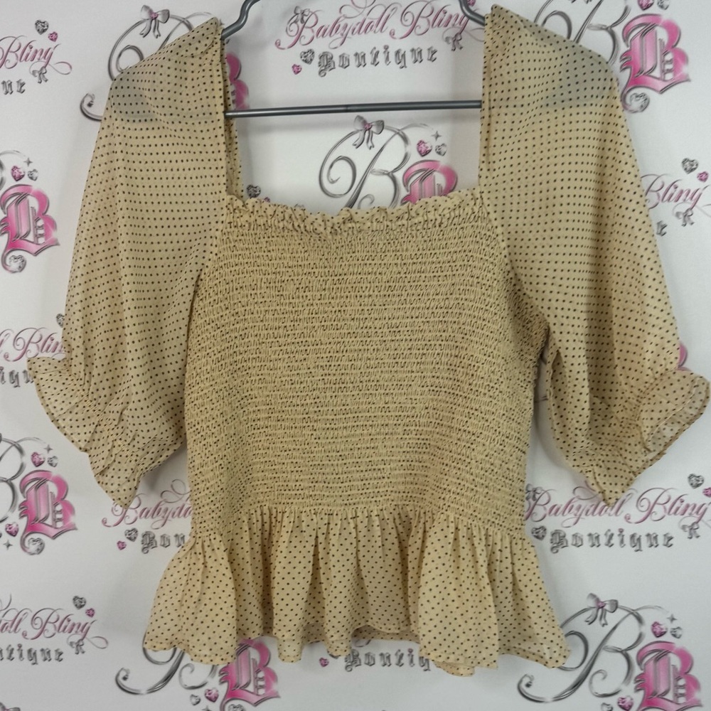 Rd style top smocked milkmaid dotted polka dot Women's Beige Smocked Top